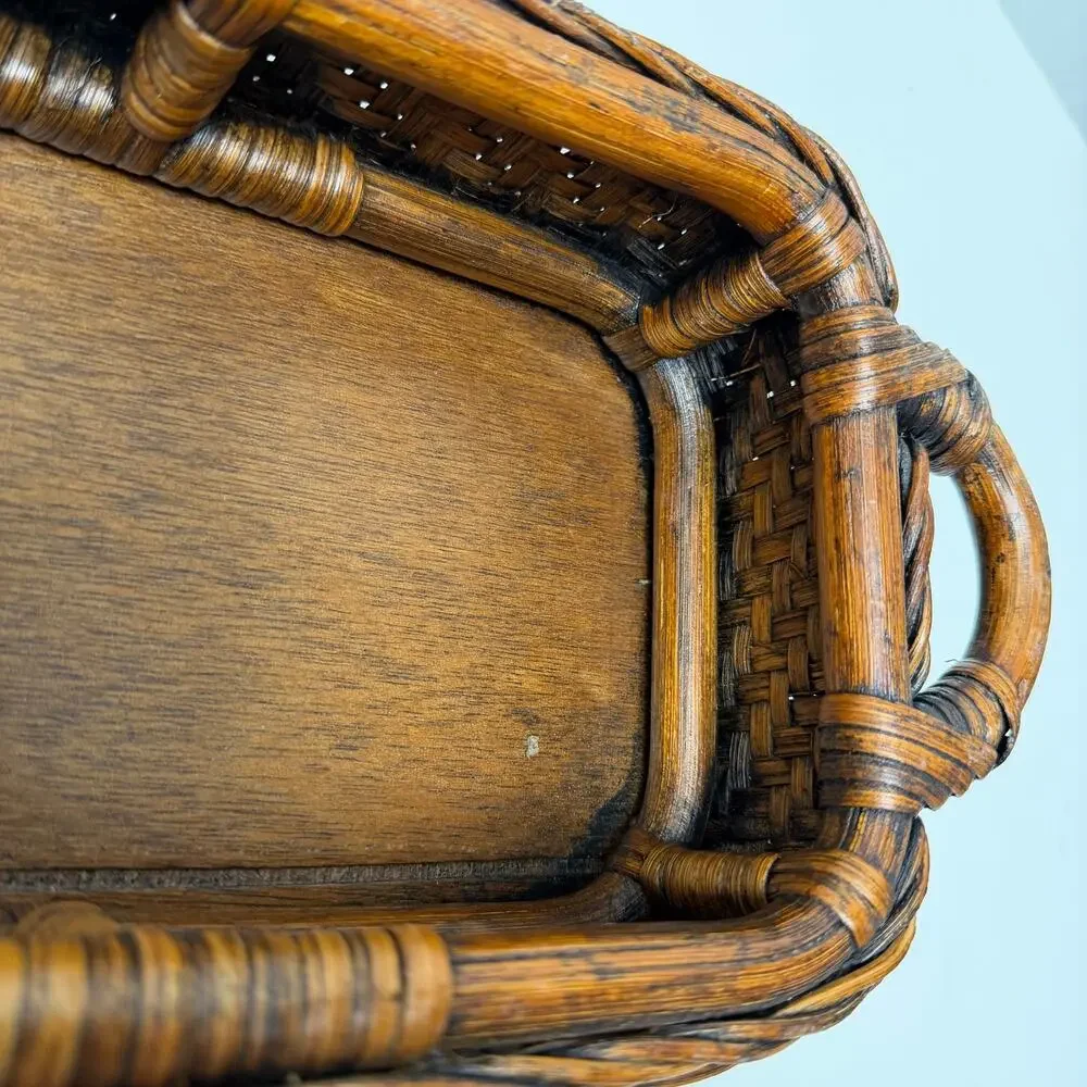 VTG Rattan Wrapped Wood Serving Tray Basket w Handles Boho 13x6 Sturdy Cottage